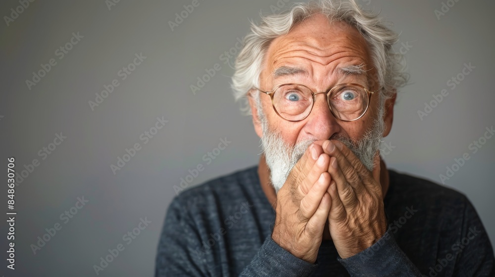 Shocked Middle-Aged Hoary Senior Man Covering Mouth with Hands for Mistake: Secret Concept in Realistic, Clean, and Minimal Style Shocked Middle-Aged Hoary Senior Man Covering Mouth with Hands for Mistake: Secret Concept in Realistic, Clean, and Minimal Style