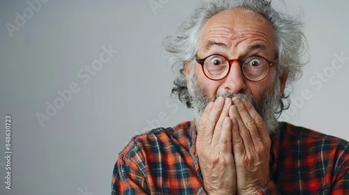 Shocked Middle-Aged Hoary Senior Man Covering Mouth with Hands for Mistake: Secret Concept in Realistic, Clean, and Minimal Style photo