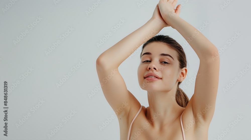 Beautiful Young woman lifting hands up to show off clean and hygienic armpits or underarms on white background Smooth armpit cleanliness and protection concept : Generative AI Beautiful Young woman lifting hands up to show off clean and hygienic armpits or underarms on white background Smooth armpit cleanliness and protection concept : Generative AI