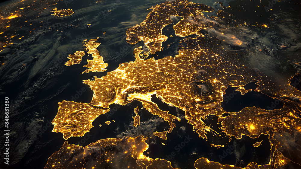 A detailed satellite view of Europe illuminated by night city lights, showcasing an expansive and vibrant continent from space.
