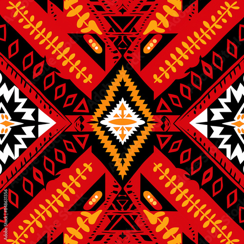 Red black and yellow geometric patterns with white accents on red background seamless pattern. Native American or Aztec tribal style textile design