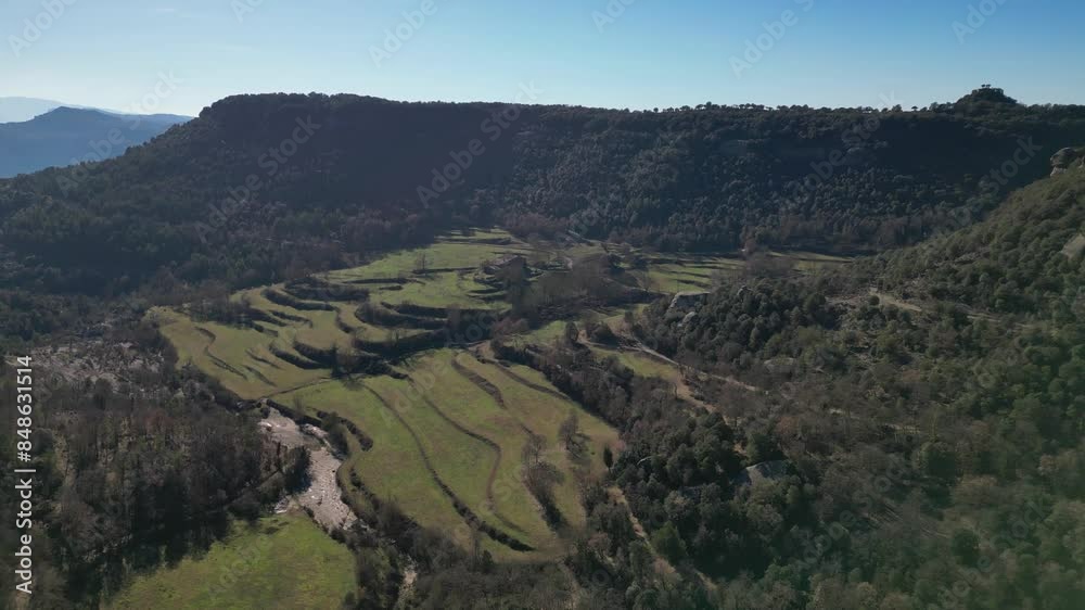 The scenic terraced landscape in tavertet region, barcelona, on a clear sunny day, aerial view The scenic terraced landscape in tavertet region, barcelona, on a clear sunny day, aerial view