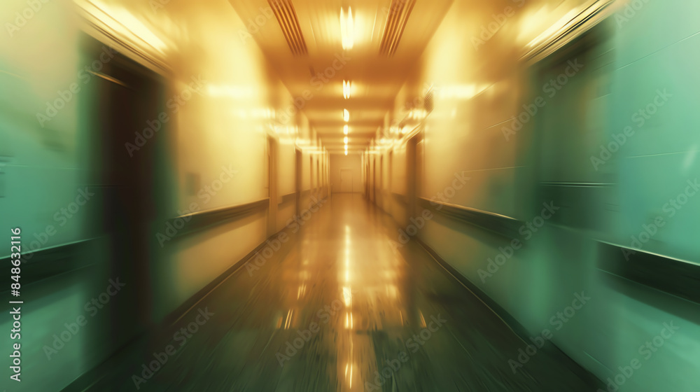 Abstract, blurred image of a long hospital corridor with a glowing, warm-toned light, capturing a surreal and eerie atmosphere. Abstract, blurred image of a long hospital corridor with a glowing, warm-toned light, capturing a surreal and eerie atmosphere.