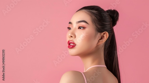 Cute Asian woman model gathered in ponytail with korean makeup style on face have plump lips and clean fresh skin wearing pink camisole on isolated pink background : Generative AI
