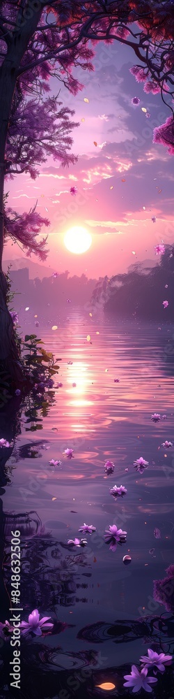 A fantastical landscape with a tree covered in purple flowers and the petals are blowing in the wind. A fantastical landscape with a tree covered in purple flowers and the petals are blowing in the wind.