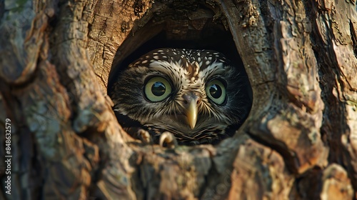 A baby owl peeking out of a tree hollow with wide eyes. © Khan