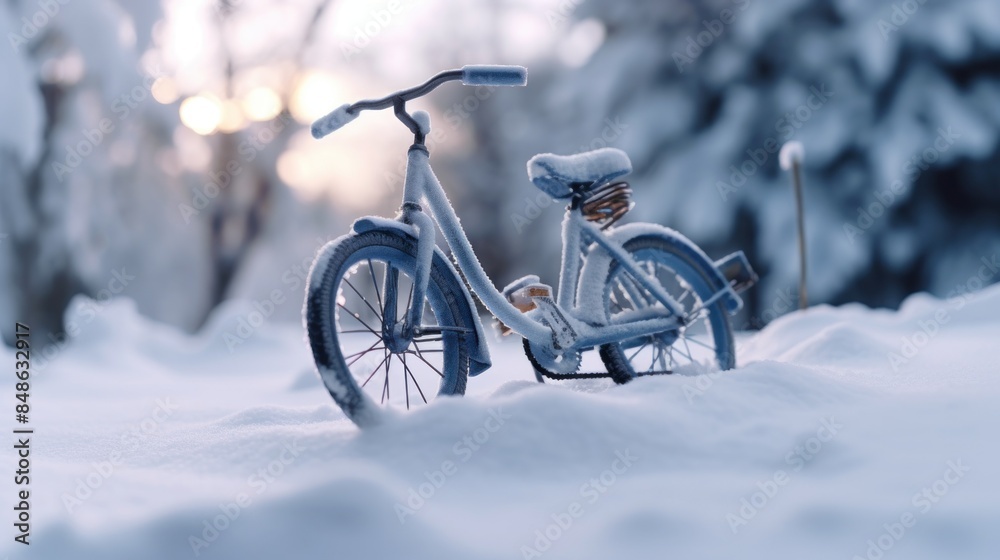 A bicycle is covered in snow and is leaning against a tree A bicycle is covered in snow and is leaning against a tree