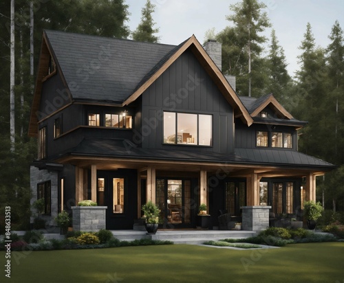 Two story traditional houses designs, black house with dark grey, exterior design