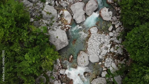 Drone video of mountains and river of Theth National Park in the Albanian Alps, Albania  photo