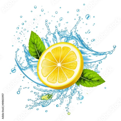  A slice of lemon, leaves and splashes of water highlighted on a white background. Water wave, citrus fruits and mint leaves.