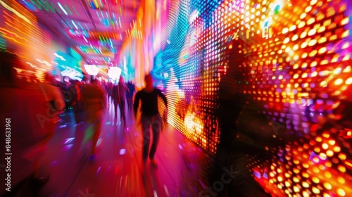 Colorful lights and screens blur together in a dazzling display at a tech conference afterparty. photo