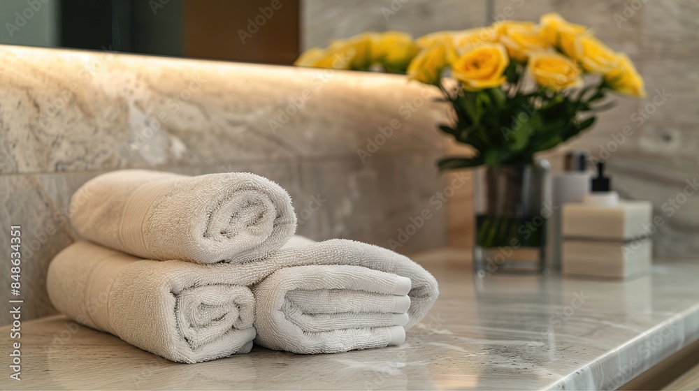 Obraz premium Luxurious hotel room scene featuring artfully folded towels, showcasing excellent craftsmanship and realistic texture. Elegant and minimalist room design emphasizing creativity and sophistication in t