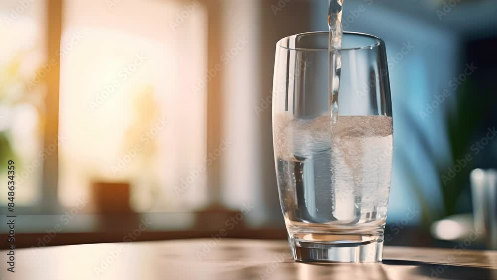Close-up of clean drinking water from a bottle poured into a glass over sunlight and natural background. Close-up of clean drinking water from a bottle poured into a glass over sunlight and natural background.