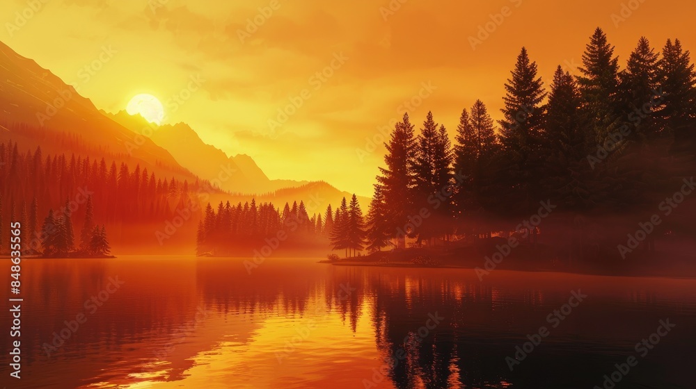 Scenic Sunset Over a Lake and Pine Forest