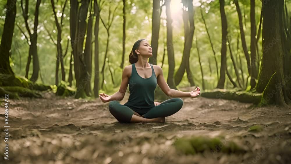 Woman Meditating in Forest Generative AI Woman Meditating in Forest Generative AI