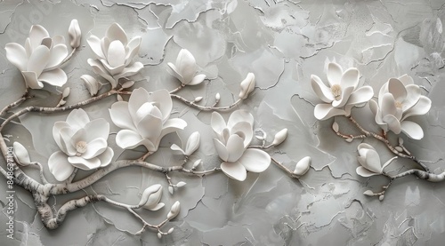 3d wallpaper stretch ceiling decoration, gray stone texture with magnolia flowers relief sculpture