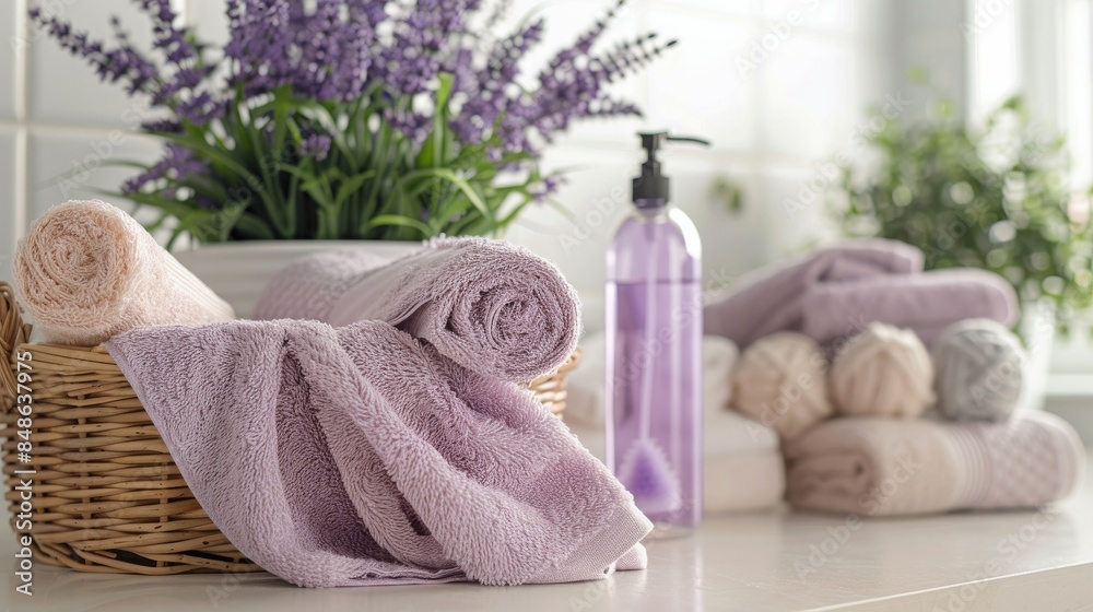 Fresh and Fluffy Towels in Laundry Basket with Natural Lavender Fabric Softener and Wool Dryer Balls: Clean and Pleasant Fresh and Fluffy Towels in Laundry Basket with Natural Lavender Fabric Softener and Wool Dryer Balls: Clean and Pleasant