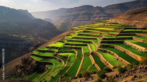 Stepped agricultural terraces on a verdant mountainside bathed in warm sunlight, showcasing sustainable farming practices.
