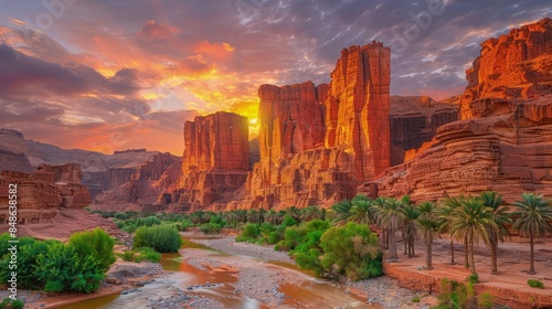 The majestic red rock formations of illuminated by the golden sunset, framing a serene oasis of green palm trees and flowing water photo