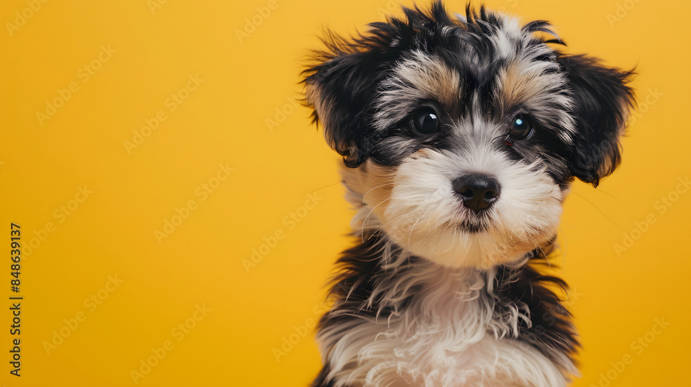 dog puppy cute looking towards camera on yellow background dog puppy cute looking towards camera on yellow background