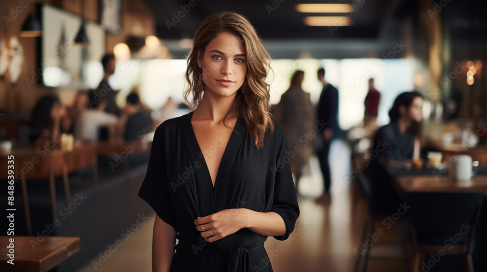 Woman in Stylish Black Jumpsuit at Trendy Café Woman in Stylish Black Jumpsuit at Trendy Café