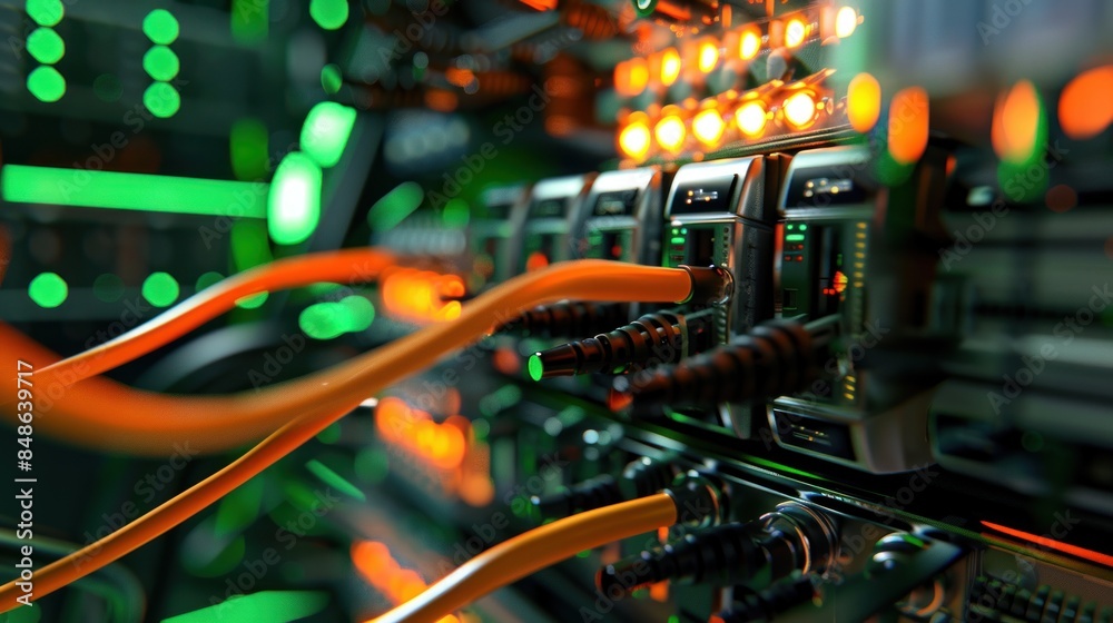 Naklejka premium technology data center server. optical fiber, network switch port