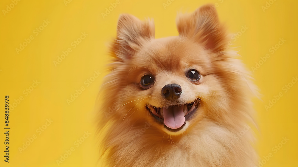 dog puppy cute looking towards camera on yellow background