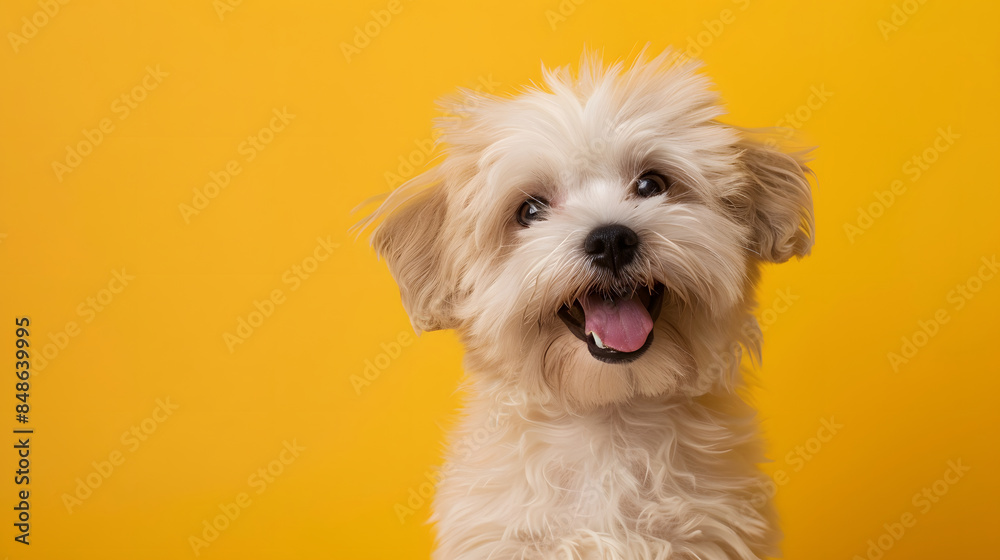 dog puppy cute looking towards camera on yellow background dog puppy cute looking towards camera on yellow background
