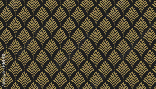 Art Deco ornament pattern background. A striking Art Deco-inspired flora pattern featuring gold lines on a dark background