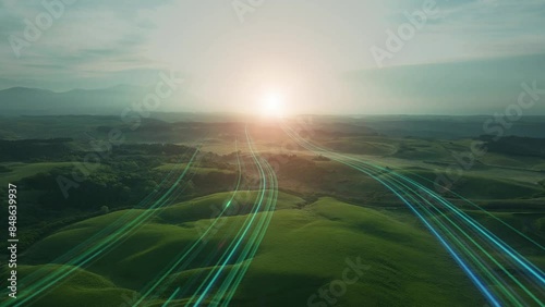 大自然の日の出に向かって伸びる光の道　未来への道