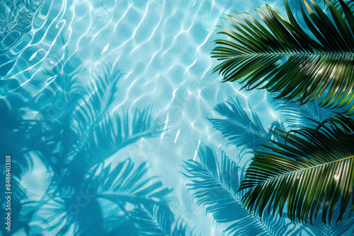 Abstract background with palm leaves shadow on water in swimming pool, summer concept. Flat lay, top view, copy space.