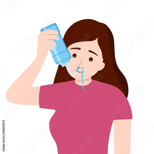 Woman cleaning nose with saline in flat design on white background.