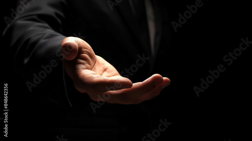 Professional businessman gesturing on dark backdrop, AI generative. photo