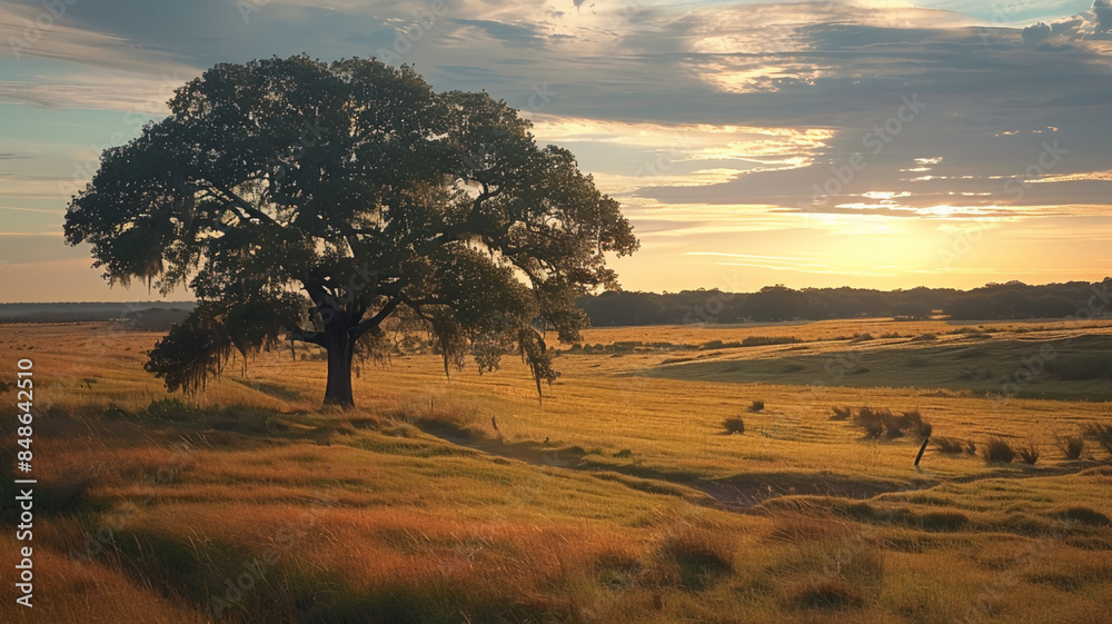 Obraz premium Savannah sunset tranquil beauty in nature horizon, AI Generative