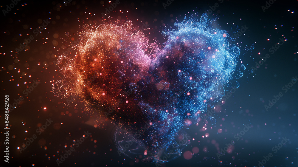 Heart-shaped glittering object glowing in the dark background. Heart-shaped glittering object glowing in the dark background.