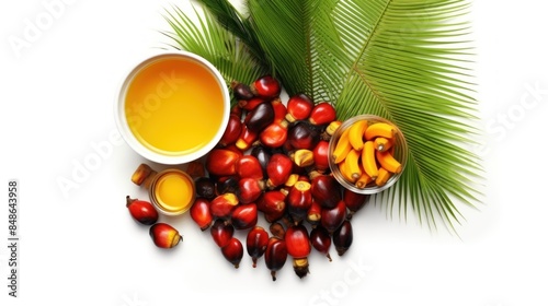 a clear glass bowl filled with reddish brown palm fruit with a glass cup filled with golden yellow liquid photo