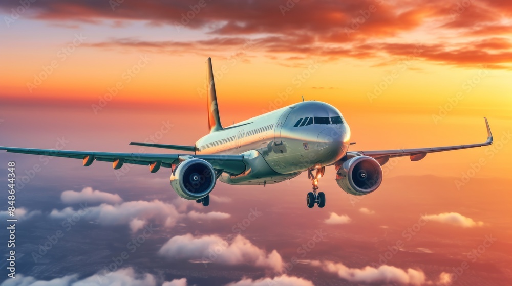 an airplane in flight, captured from the front side angle. The plane is visible against the backdrop of the rising sun an airplane in flight, captured from the front side angle. The plane is visible against the backdrop of the rising sun