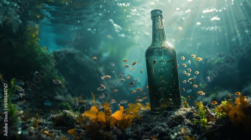 Picture of a bottle in the ocean, surrounded by fish and moss