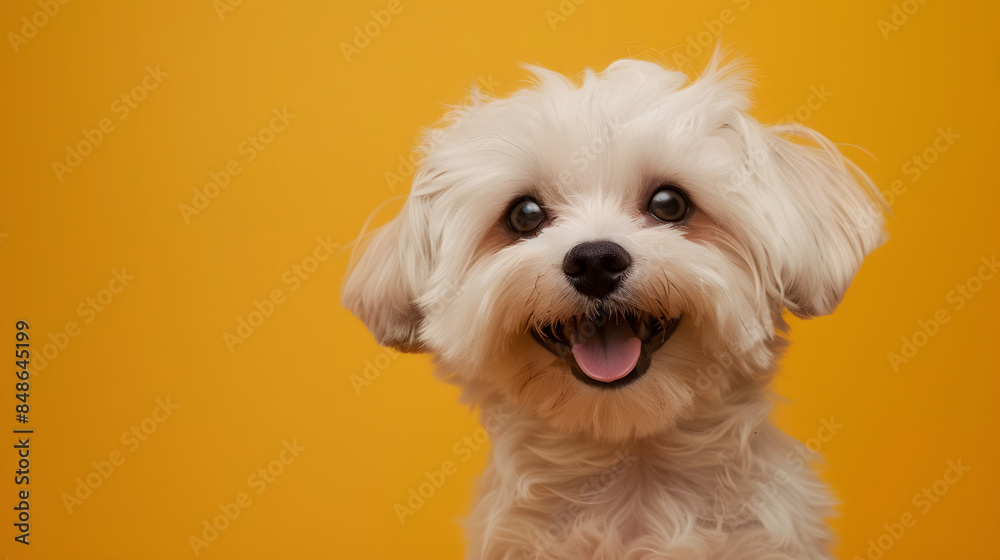 dog puppy cute looking towards camera on yellow background dog puppy cute looking towards camera on yellow background
