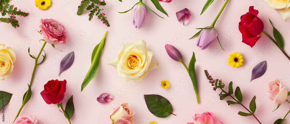 Fototapeta premium Colorful flowers scattered on beige background.