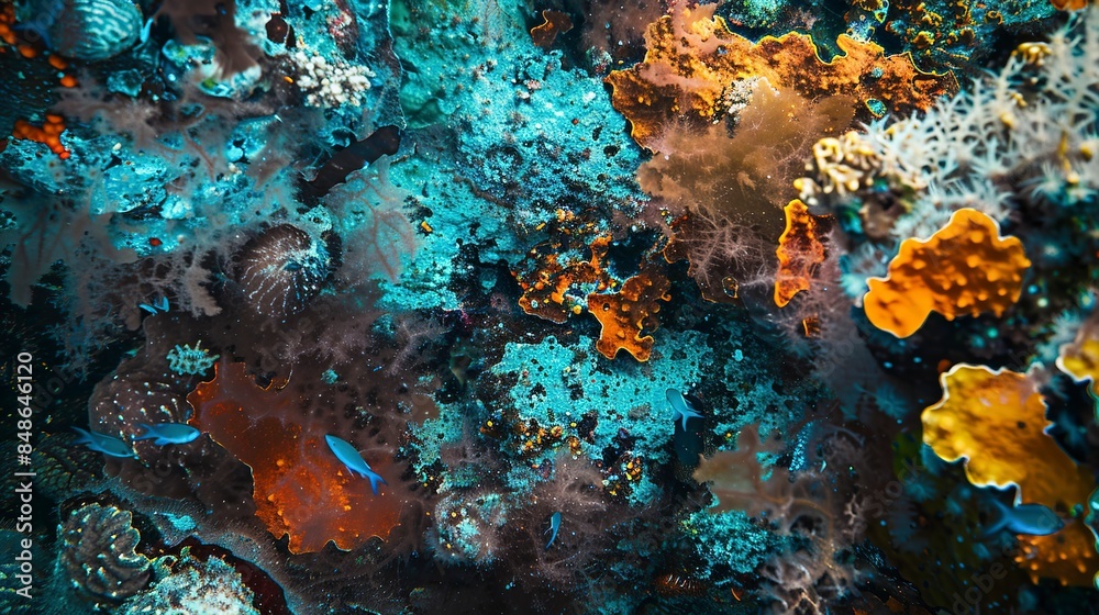 Fototapeta premium Close-up of colorful coral reef with darting tropical fish, vibrant blues and oranges, underwater world, no humans, detailed texture 