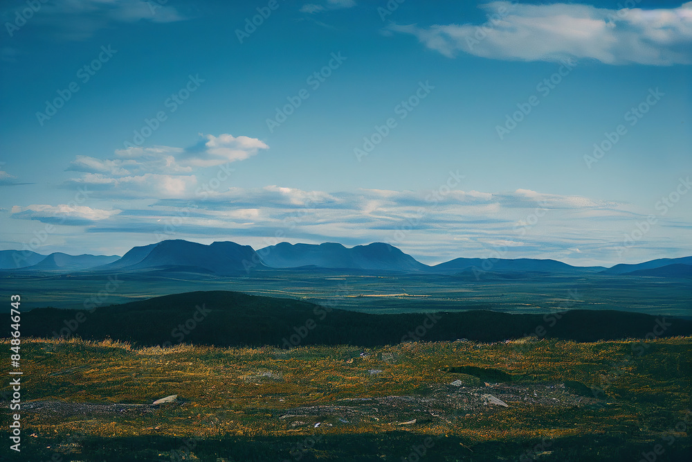 Obraz premium 平原, 地平線, 山, 草原, 田舎, 青空, 雲, 旅行, plain, horizon, mountain, meadow, countryside, blue sky, clouds, travel