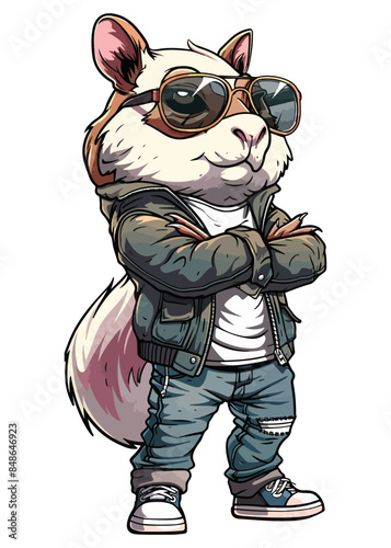 A cartoon character Squirrel stands upright, wearing clothes, with arms crossed and aviator sunglasses