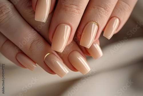 Closeup to woman hands with elegant neutral colors manicure. Beautiful natural looking gel polish manicure on square nails. Generative ai