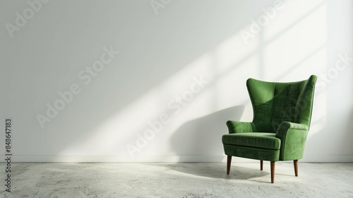 Empty white wall in minimal living room with green armchair, AI generative. photo