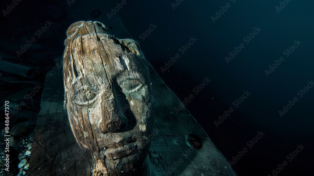 Close-up on a wooden figurehead, remarkably preserved under sediment, eerie eyes staring into the abyss. Close-up on a wooden figurehead, remarkably preserved under sediment, eerie eyes staring into the abyss.