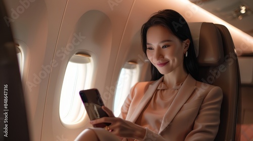Happy business woman looking at smartphone in cabin of First Class airplane