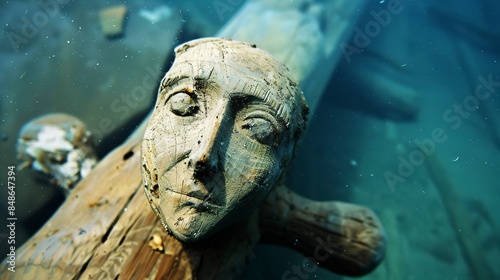 Close-up on a wooden figurehead, remarkably preserved under sediment, eerie eyes staring into the abyss. 