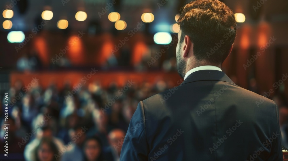A speaker addresses a large audience at a conference or event. The crowd is out of focus, emphasizing the speaker's message. A speaker addresses a large audience at a conference or event. The crowd is out of focus, emphasizing the speaker's message.
