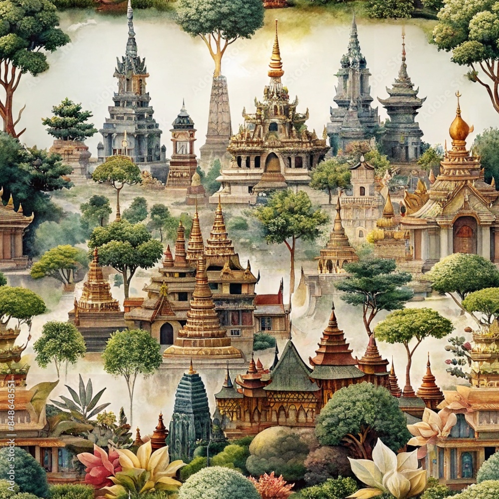 Obraz premium seamless wat arun dawing illustrator style in blooming gardens in the Middle Ages. Cartoon style. Isolated on white background temple city